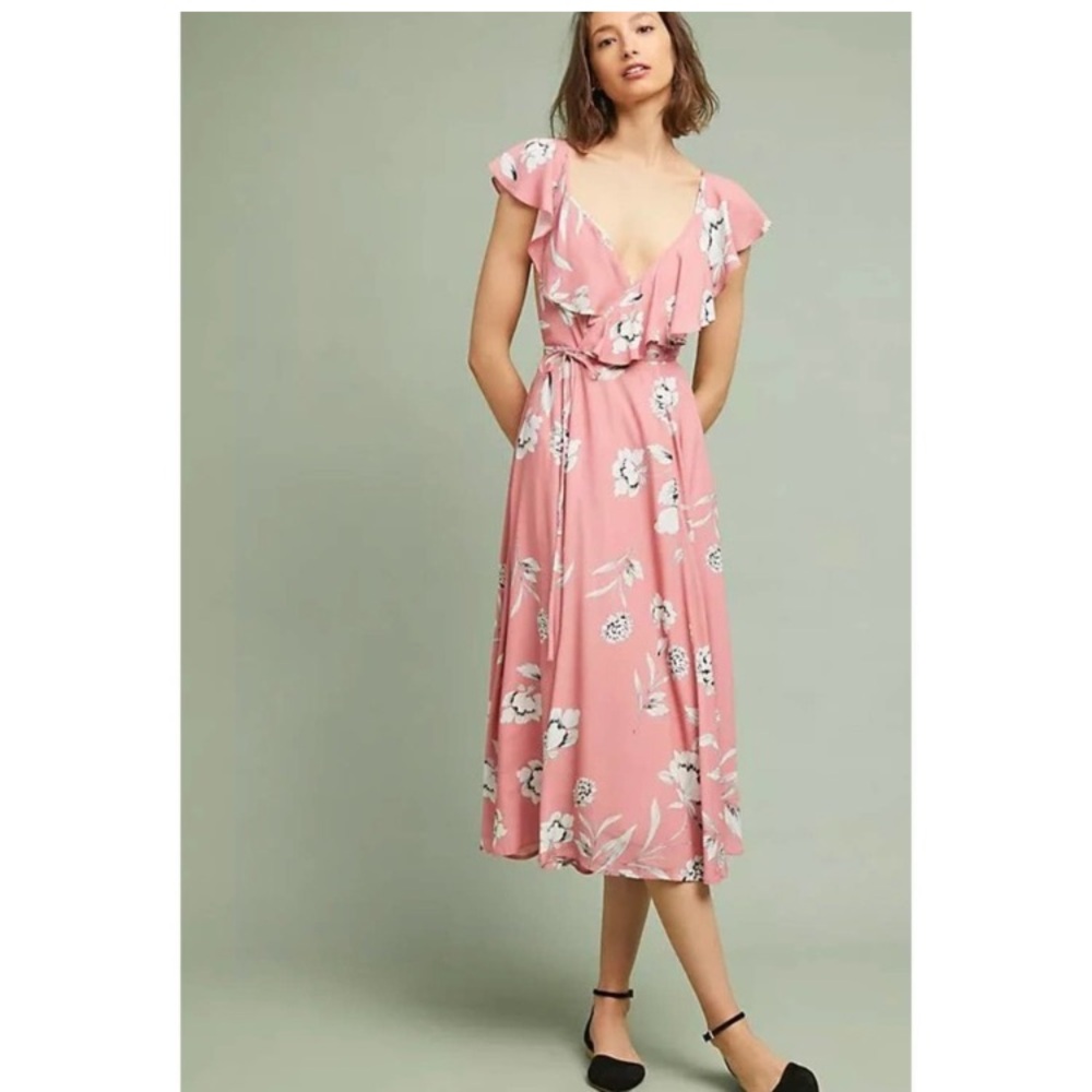 Anthropologie Yumi Kim Floral Wrap Ruffle Sleeve Open Back Midi Dress sz L